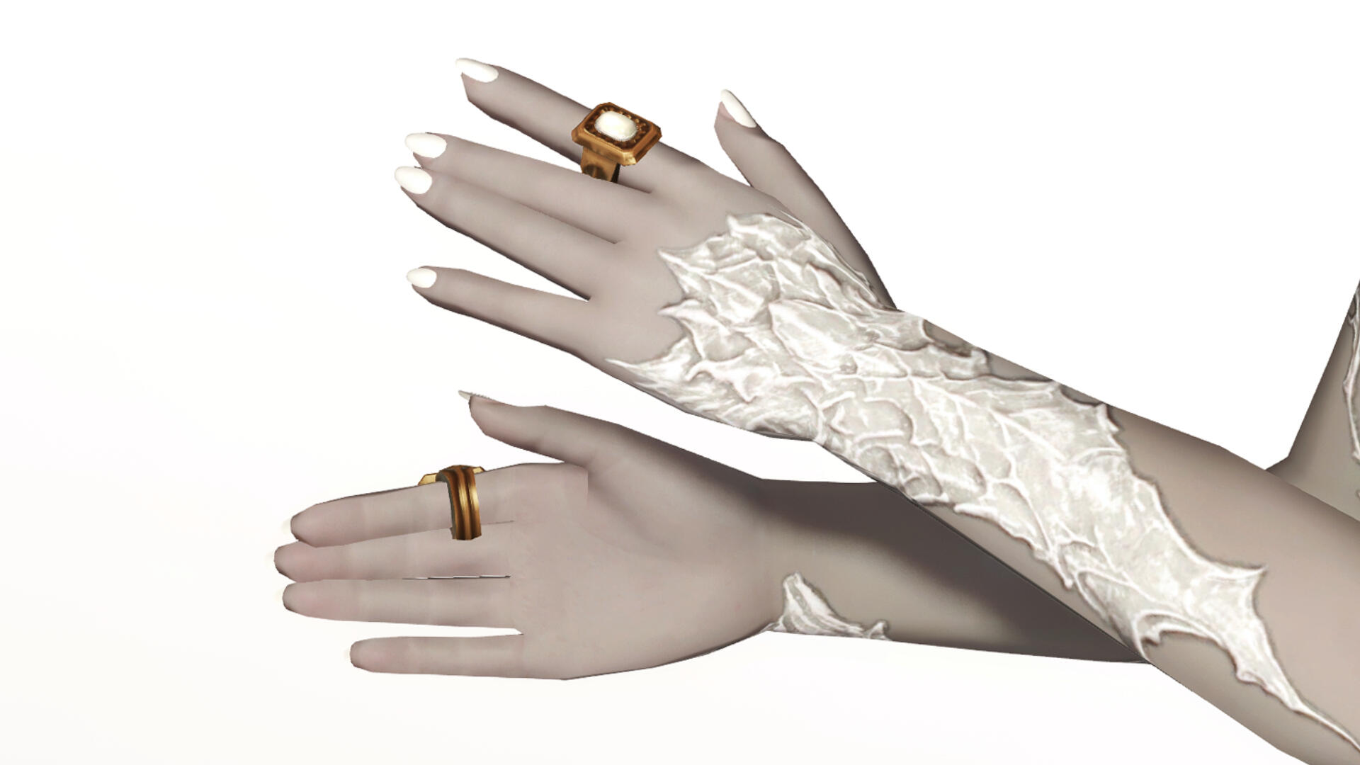 Same ring on both index fingers, gold with pearl inlay
