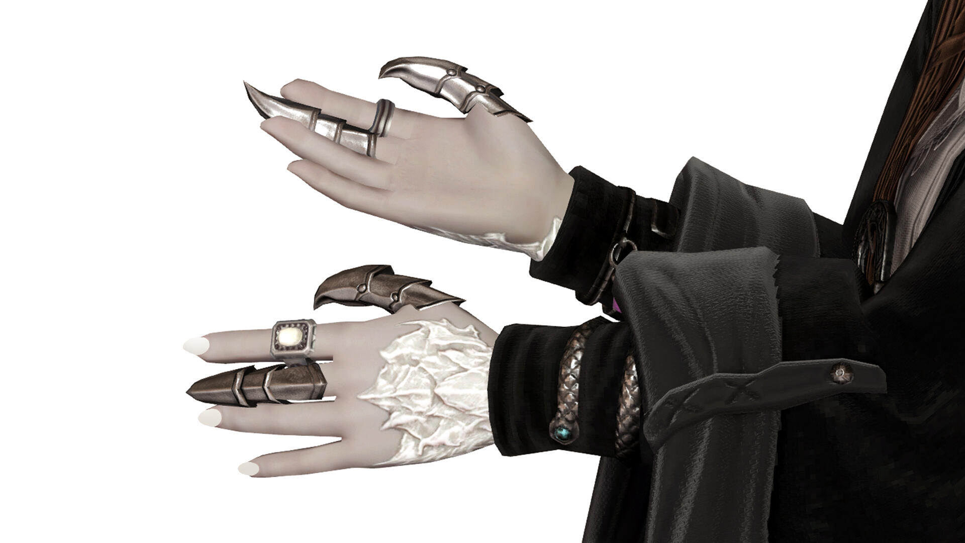 Same rings on both hands — silver ring with pearl inlay on index figures, claws on thumb & middle fingers